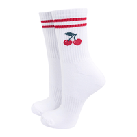 Pair of white ribbed socks with two red stripes at the top and a small red cherry design on the side.