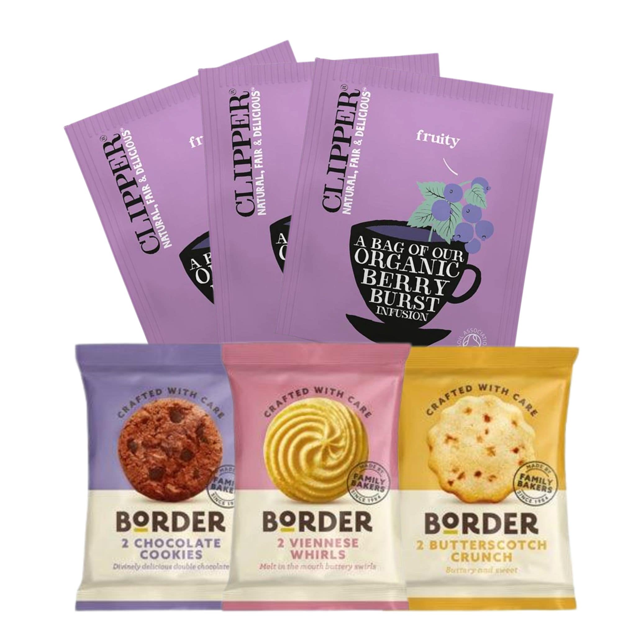 Assorted snack packages including Clipper tea and Border cookies.