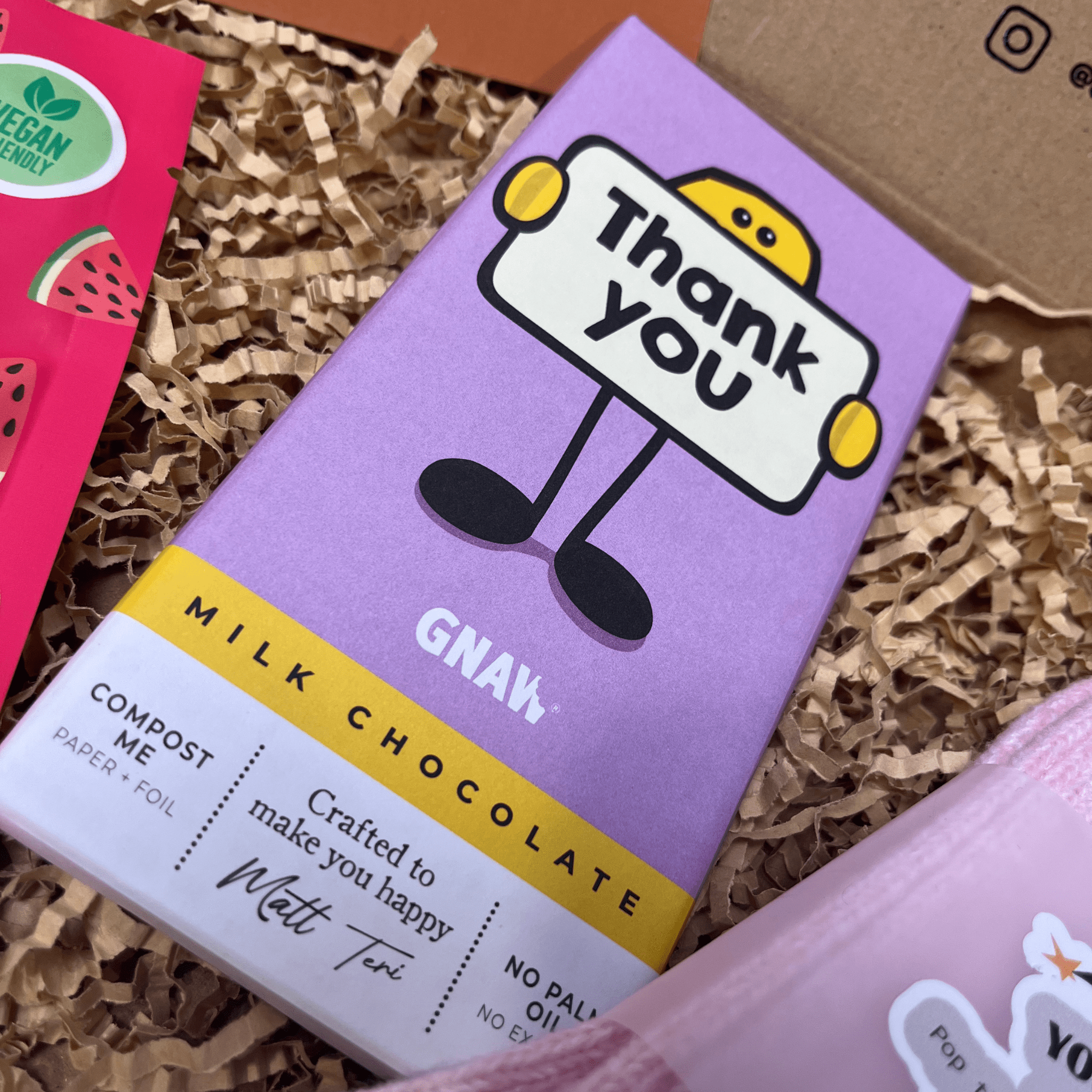 Milk chocolate bar with 'Thank you' design in a letterbox gift box