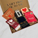 With love letterbox gift box with socks, chocolate bar, watermelon sweets and fun coaster.
