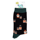 Pair of black bamboo socks with dark green cuffs and toes, featuring small orange whiskey bottles and glass patterns.