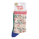 Pair of bamboo women’s socks featuring colourful Christmas light string and heart patterns with pink, green, and blue detailing.
